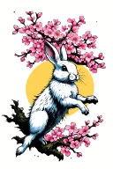 a white hare leaping, pink cherry blossoms surrounding it with a yellow moon in the background tattoo design idea