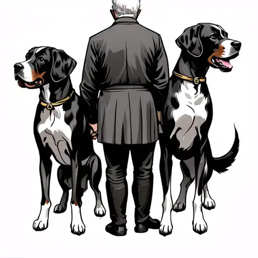 old man and woman standing holding hands with their back facing, two King Charles caviliers dogs either side of them  tattoo design idea