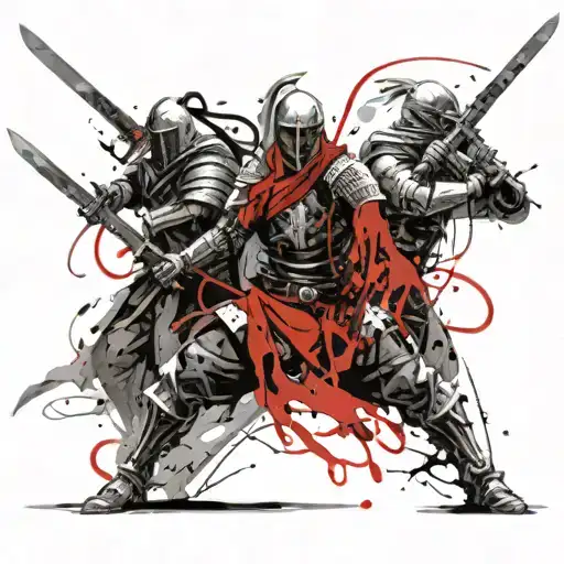 crusader knight mix with ninja and angel holding a sword tattoo design idea