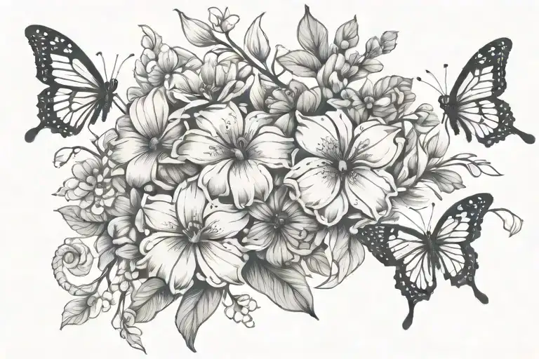 Tattoo design birth flower bouquet July, December, May, October, March, tied with infinity ribbon. 2 small butterflies  tattoo design idea