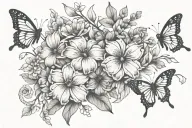 Tattoo design birth flower bouquet July, December, May, October, March, tied with infinity ribbon. 2 small butterflies  tattoo design idea