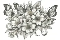 Tattoo design birth flower bouquet July, December, May, October, March, tied with infinity ribbon. 2 small butterflies  tattoo design idea
