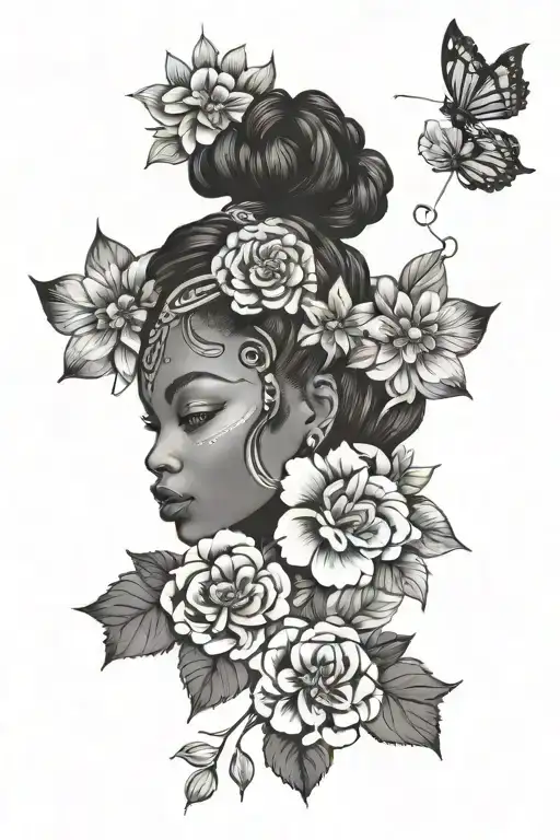 Afrocentric tattoo with flowers tattoo design idea