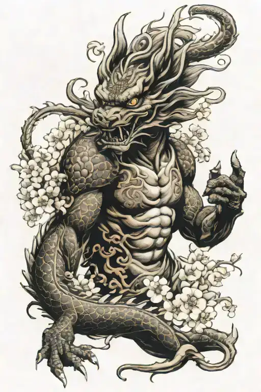 yakuza, dragon, demon, cherry blossom full sleeve tattoo tattoo design idea