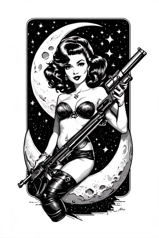 pinup girl on the moon with ray gun tattoo design idea