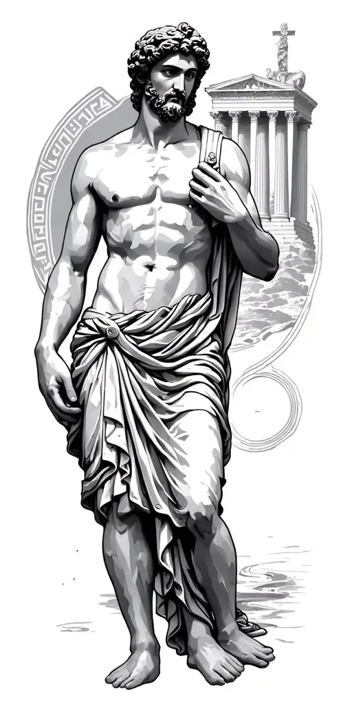 greek god figure surrounded by a meander around the arm and an ancient greek building like temple of poseidon tattoo design idea