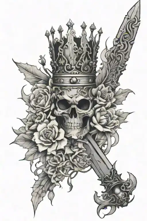 big plasma univers crown , small ice manga sword, smoke rising, two smalls manga flowers tattoo design idea