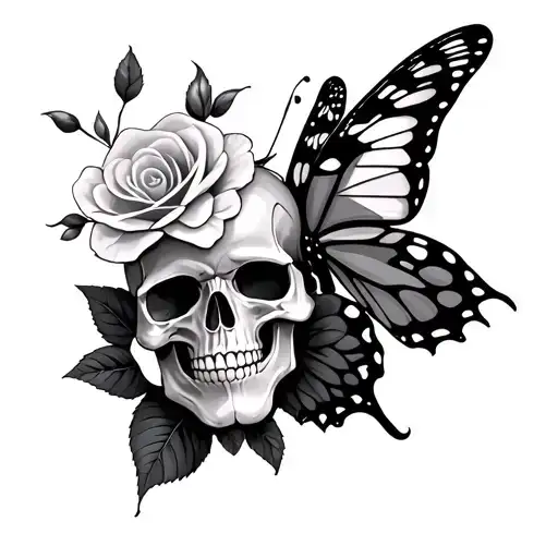 skull rose butterfly cherry blossom gothic style tattoo design idea
