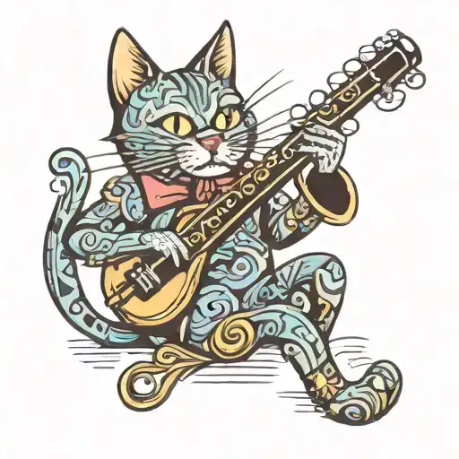 Black cat playing a clarinet tattoo design idea
