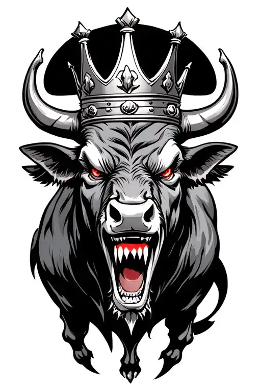 evil bull with scary red eyes showing teeth growling with a kings crown on his head tattoo design idea