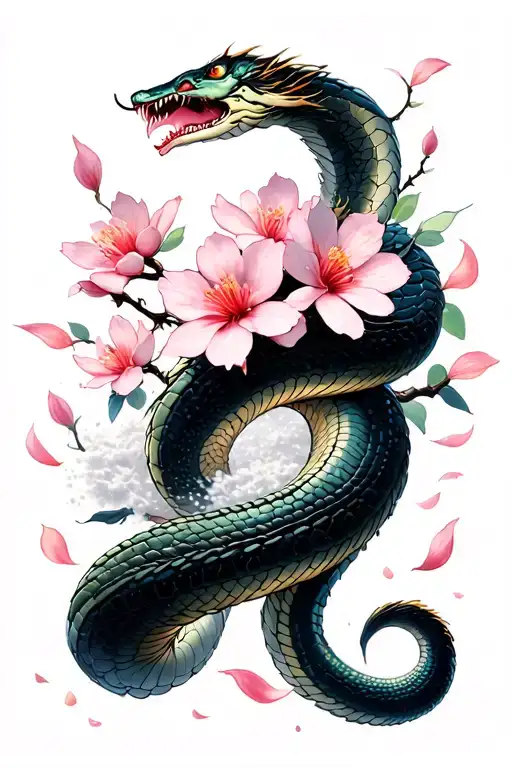 sakura flowers blooming, sakura petals falling, white snake, powder from arcane tattoo design idea