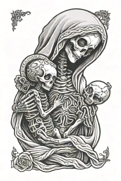 skeleton mary holding alien baby jesus christ tattoo design idea