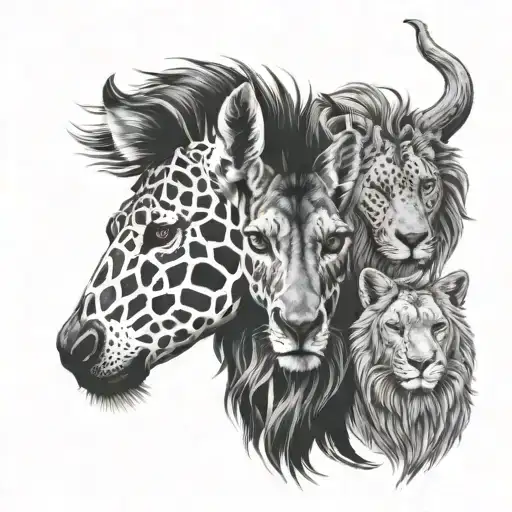 giraffe, lion and wolf heads stacked on each other tattoo design idea