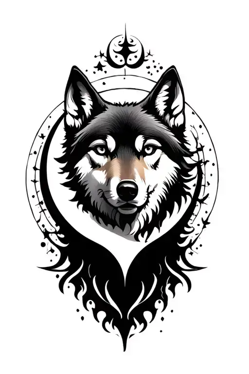 I want a design featuring a wolf's head at the top, with the moon directly underneath it. Surrounding the moon, I'd like tattoo design idea