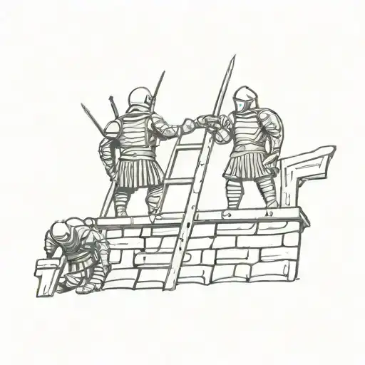 Medieval warriors with weapons in armor on a wooden siege ladder on the castle wall tattoo design idea