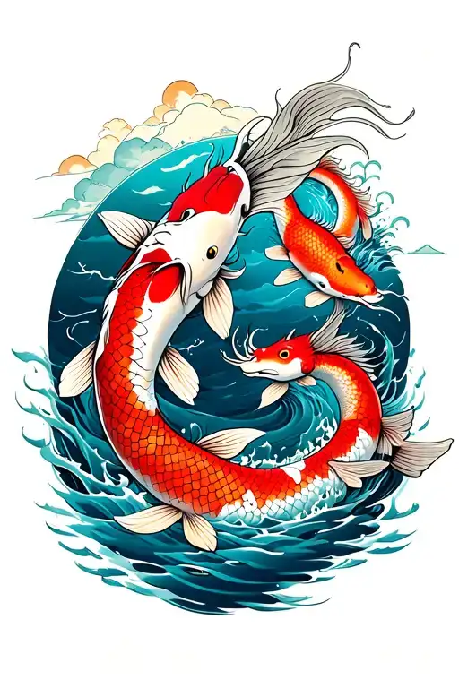 sea ​​with 2 koi carps and dragon tattoo design idea