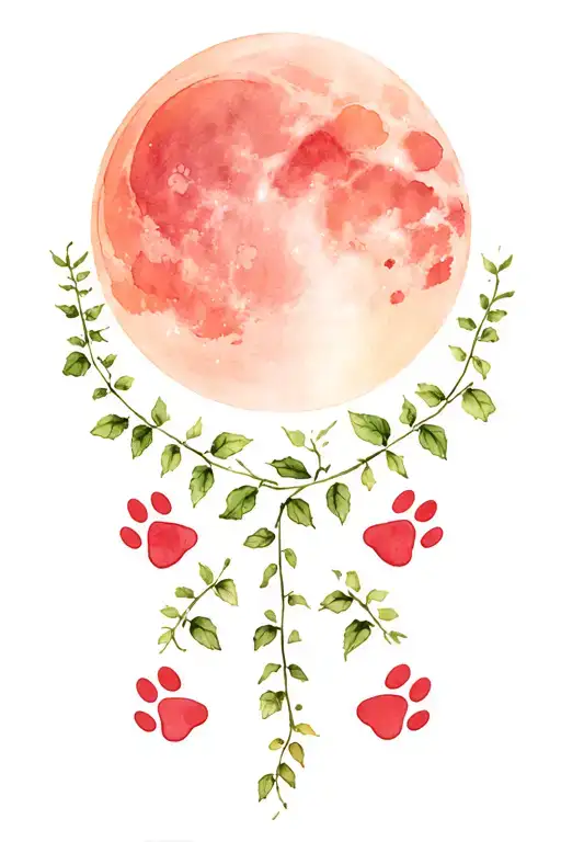 plants and vines along the sides with natural tones with animal paw prints going up towards the moon. plants framing  tattoo design idea