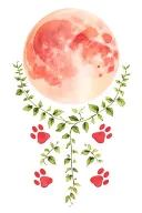 plants and vines along the sides with natural tones with animal paw prints going up towards the moon. plants framing  tattoo design idea