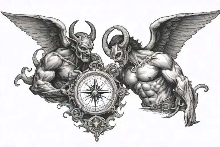Devil and Angel with halo looking at each other holding a compass   tattoo design idea