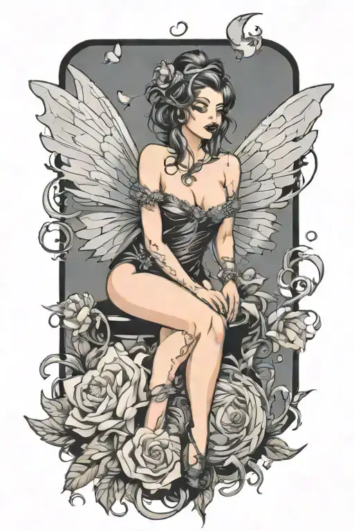 ypunh pinup fairy modern fantasy style minimal background tattoo design idea