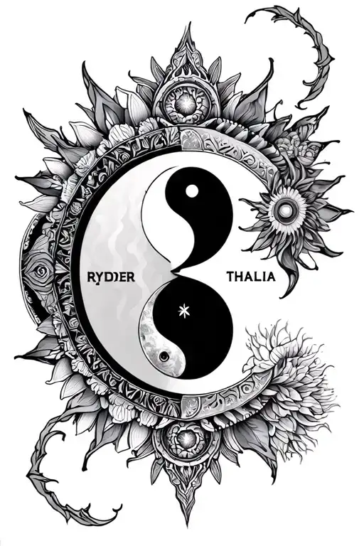 mandala ying yang and sun moon with my twins name ryder and Thalia with male and female energy  tattoo design idea