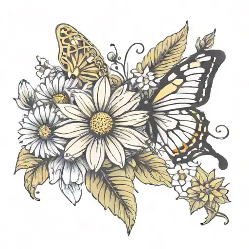 daisy waterlilly Poppy butterfly wings tattoo design idea