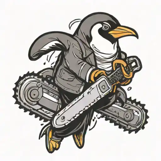 penguin running a chainsaw man anime tattoo design idea