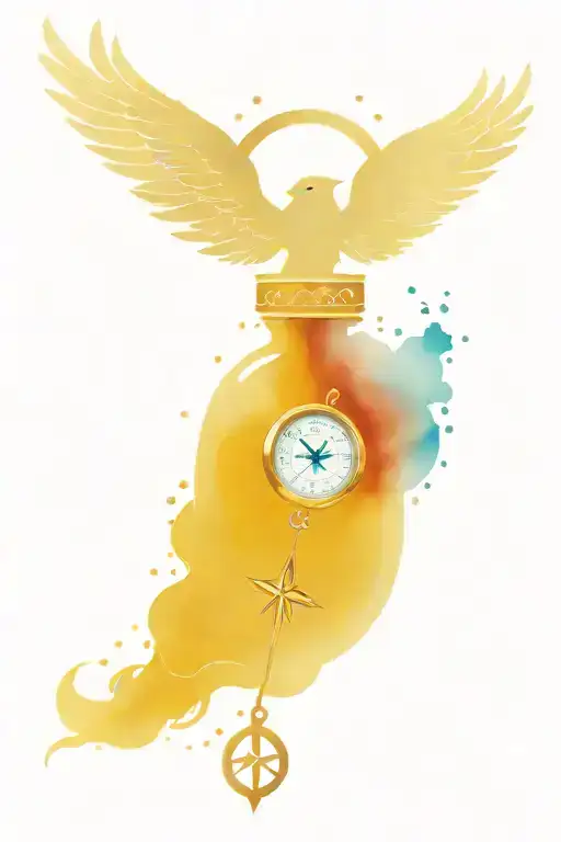 hermoines time turner, the elder wand, ravenclaws diadem, slytherin locket, a golden snitch, all inside of a patronus tattoo design idea