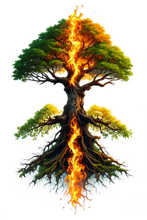 life tree split on two sides. The lest is happy and lifefull with leaves the lther is burning on the top and dead tattoo design idea