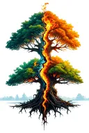 life tree split on two sides. The lest is happy and lifefull with leaves the lther is burning on the top and dead tattoo design idea