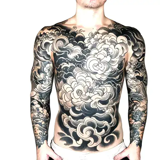Irezumi Japanese Traditonal Tattoo Full chest and arm sleeve blackout black and white with swirling clouds cherry blosso tattoo design idea