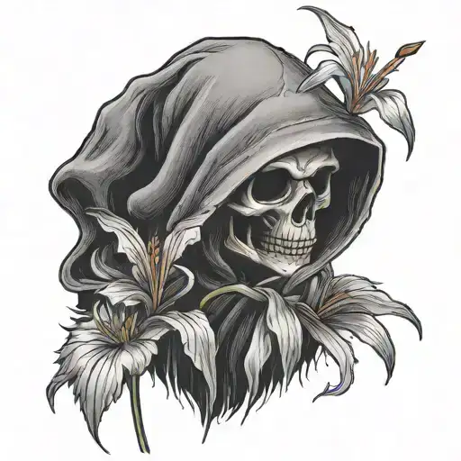 A black and grey photorealistic small cute grim reaper looking at and holding a tiny spider lily tattoo design idea