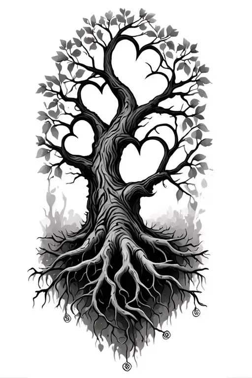 tree with hearts at roots with names incorporated tattoo design idea