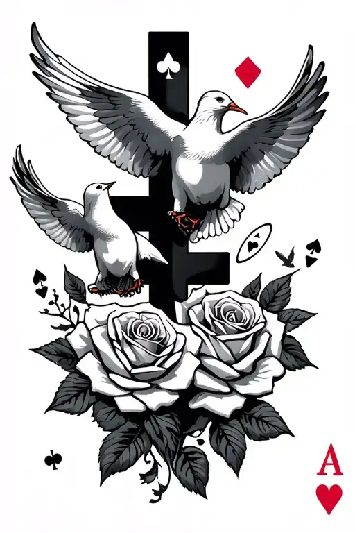 poker cards floating doves plus cross with roses intertwined in texas tattoo design idea