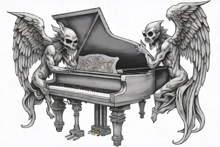 Piano an center An angel on the left and a demon on the right tattoo design idea