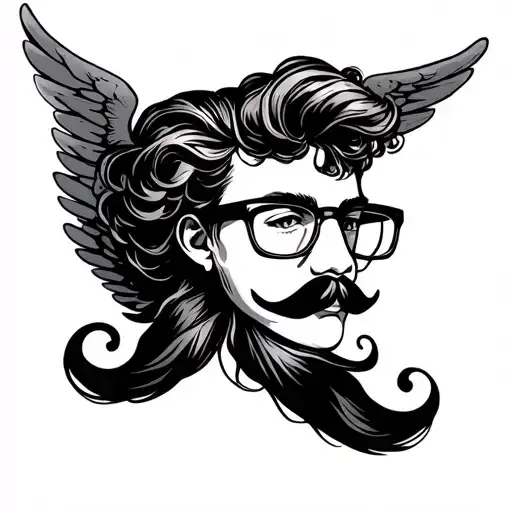glasses mustache and angel wings tattoo design idea