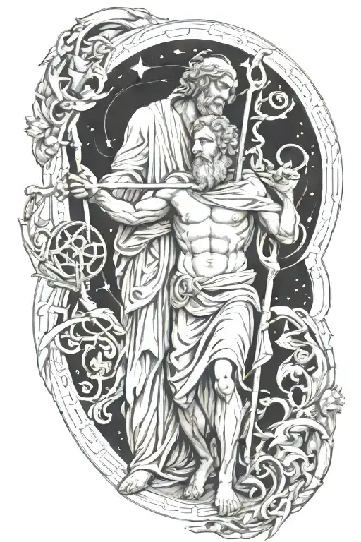 Asclepius holding his staff and charon boatman working on a the life of a mortal  tattoo design idea