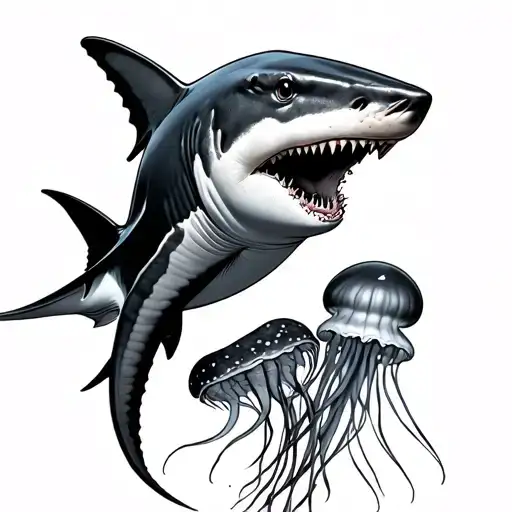 hammer head shark next to a stingray and a jellyfish  tattoo design idea