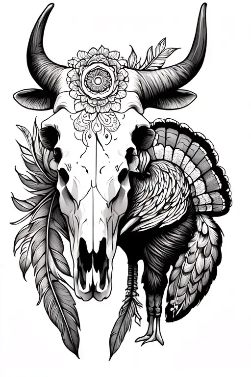 Mostly mandala line work 1/2 sleeve tattoo with Longhorn cow skull, feathers and turkey designed in. tattoo design idea