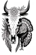 Mostly mandala line work 1/2 sleeve tattoo with Longhorn cow skull, feathers and turkey designed in. tattoo design idea