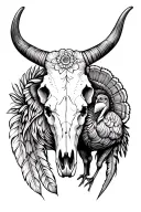 Mostly mandala line work 1/2 sleeve tattoo with Longhorn cow skull, feathers and turkey designed in. tattoo design idea