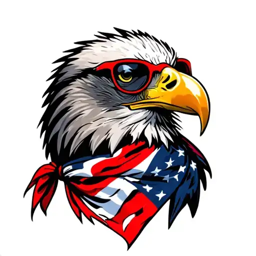 Bald Eagle wearing an American Flag bandana and red framed sunglasses with dark lenses. tattoo design idea