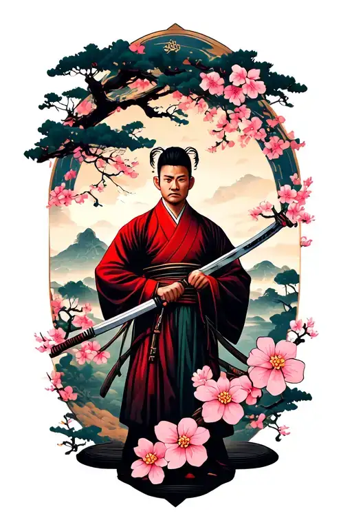 Sakura flowers, landscape, small man holding katana tattoo design idea