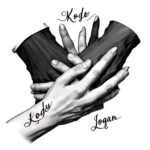 Tattoo of 3 hands holding each other with one of the names Kody,  Jesse and Logan in each hand.  tattoo design idea