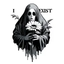 Ghost holding flower. On the side it says "I EXIST". line art tattoo design idea