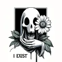 Ghost holding flower. On the side it says "I EXIST". line art tattoo design idea