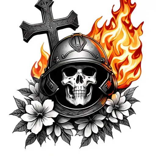 flowers and cross wrapped with a fire helmet  tattoo design idea