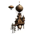 Steampunk Inspired Scene: In a forest there is a wooden house with a tower clock and a Zeppelin flies in the sky tattoo design idea