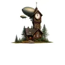Steampunk Inspired Scene: In a forest there is a wooden house with a tower clock and a Zeppelin flies in the sky tattoo design idea