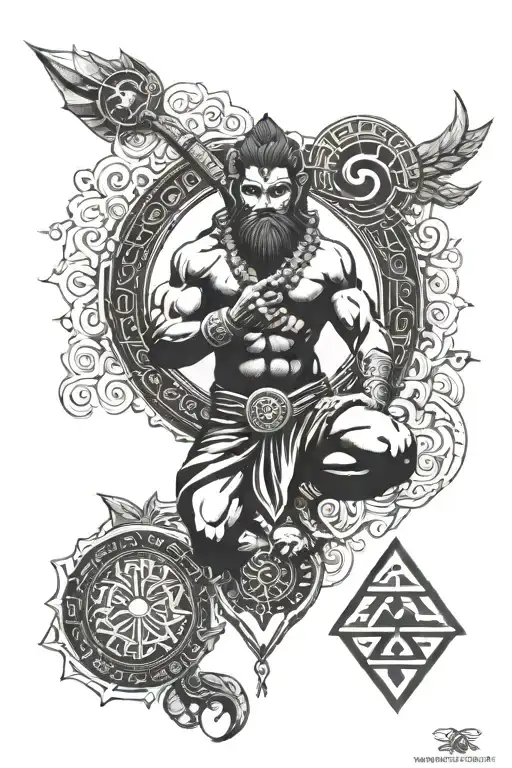 hanuman tattoo with yin yang and valknut symbol tattoo design idea